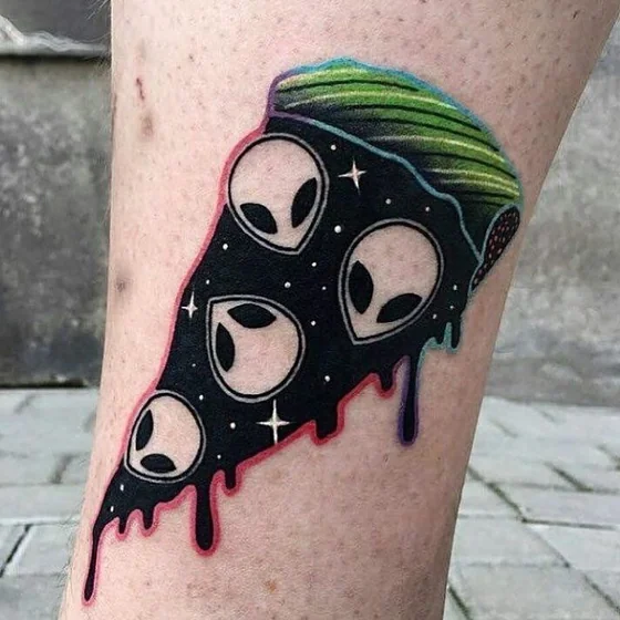 New School Alien Pizza Slice tattoo idea on Calf