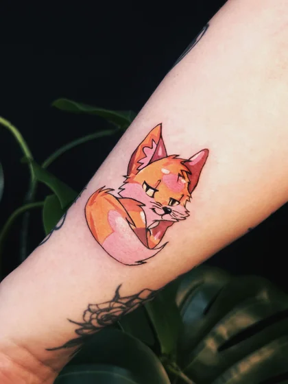 New School Anime Fox tattoo idea for women on forearm