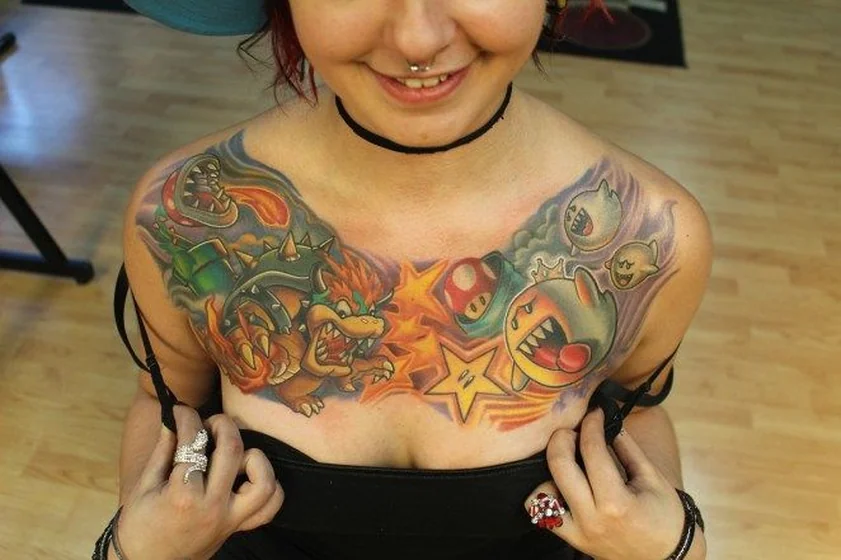New School Bowser, Boo, Super Mushroom video game tattoo idea for women on chest