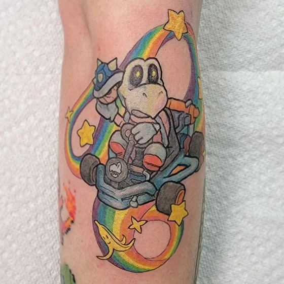 New School Dry Bones, star, rainbow tattoo idea for all on calf