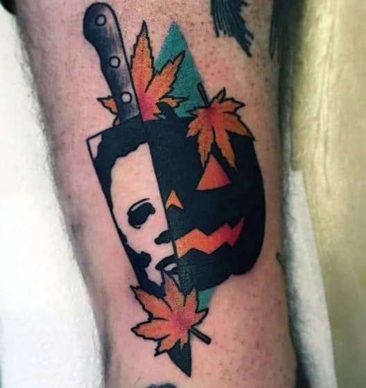 New School Halloween Michael Myers Jack O Lantern tattoo idea for men.