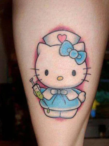 New School Hello Kitty nurse with heart tattoo design for women on leg