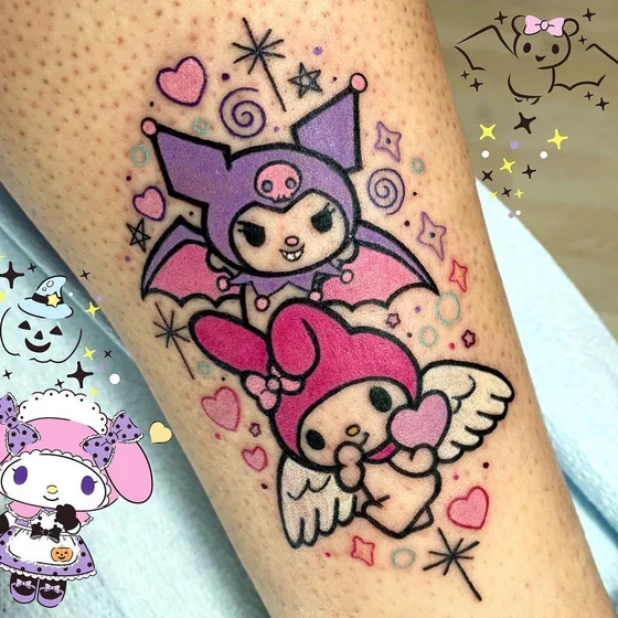 New School Kuromi and My Melody tattoo design for women on leg