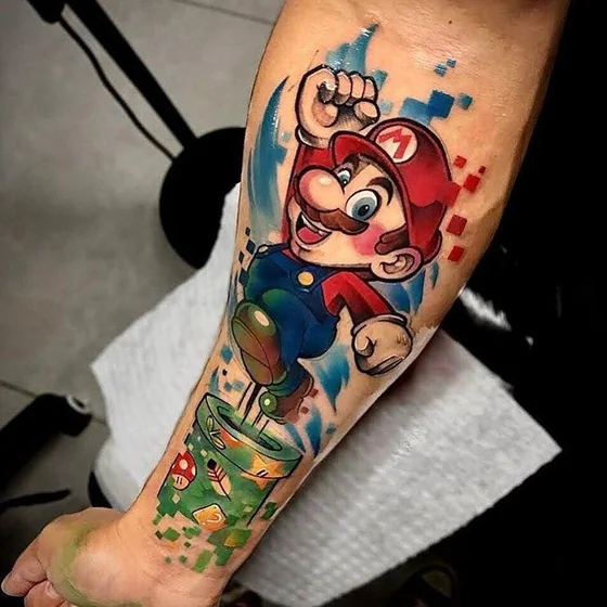 New School Mario and Pipe tattoo design for men on forearm with Pixel Art.
