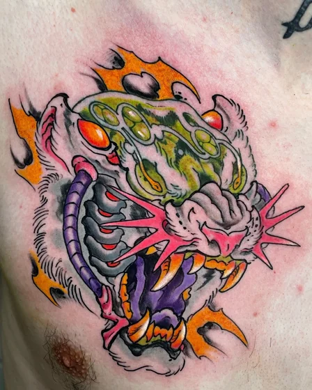 New School Monster Tiger tattoo idea for men on Chest