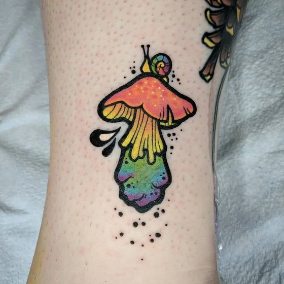 New School Mushroom, Snail, Rainbow tattoo idea for women on Calf