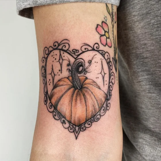 New School Pumpkin and Heart tattoo design for ladies on forearm