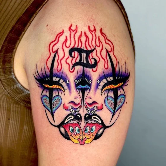 New School Surreal Gemini Heart tattoo design for women on upper arm