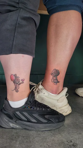 New School Tom And Jerry and heart matching tattoo for men and women on ankle