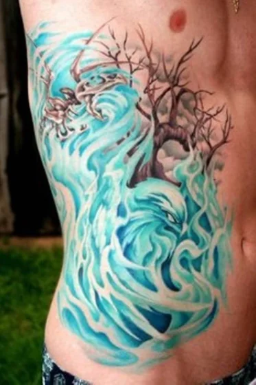 New School and Realistic tree, phoenix, skull tattoo for men on rib and hip