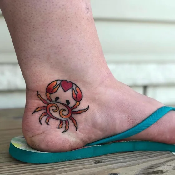 New School crab with heart tattoo design for women on ankle