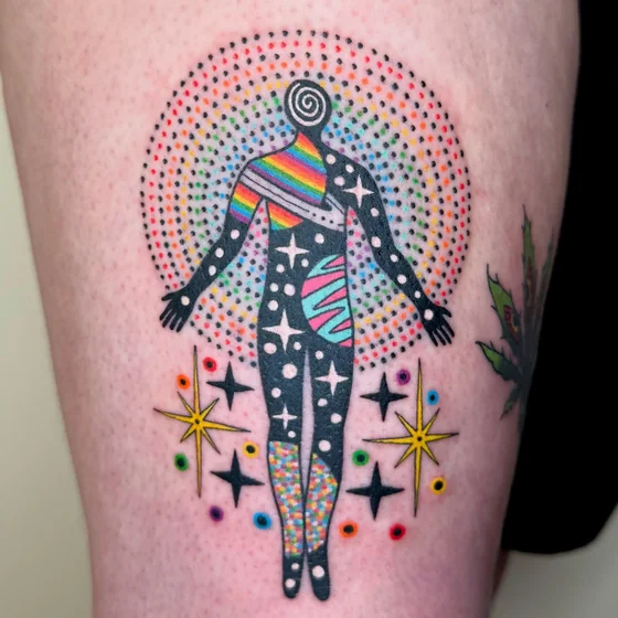 New School dotwork cosmic human silhouette tattoo design for men and women on thigh