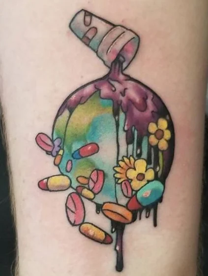 New School melting earth, pills, flowers, lean cup tattoo design on arm