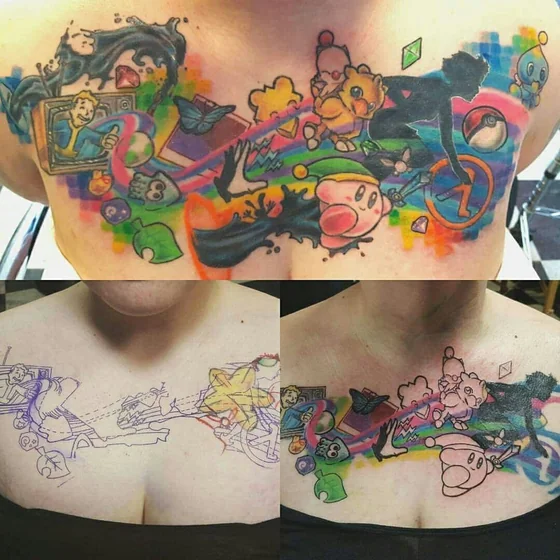 New School patchwork video game tattoo design for women on chest