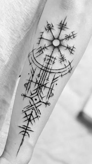 Nordic Compass Linework Blackwork tattoo design for men and women on forearm