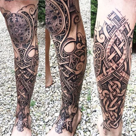 Norse Art Viking Compass Blackwork Dotwork tattoo idea for men on leg