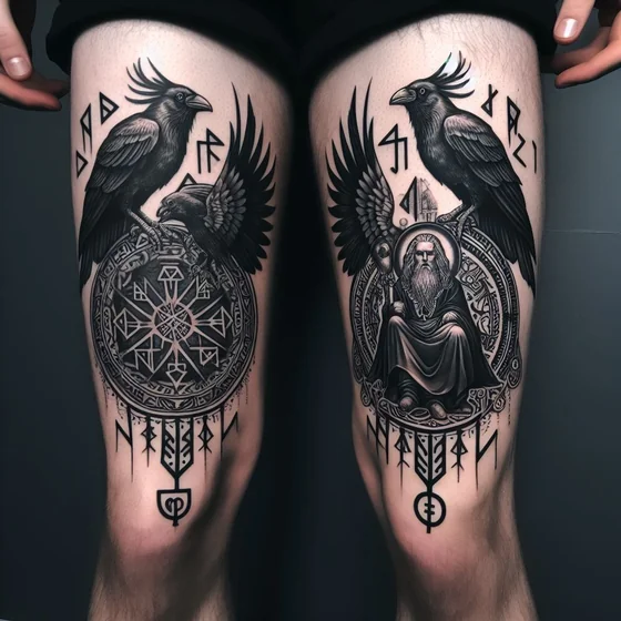 Norse Mythology Raven & Odin tattoo design for men on thigh.