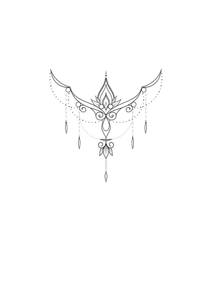 Ornamental Fine Line Dotwork floral pendant tattoo design for women on sternum