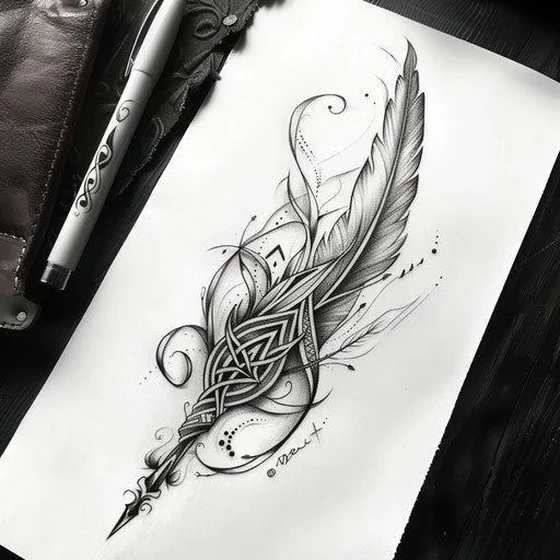 Ornamental Fine Line Geometric Feather Knotwork tattoo design for men and women