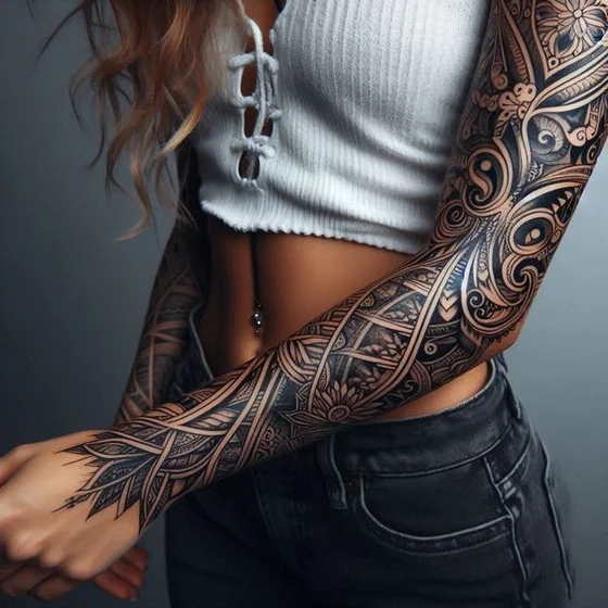 Ornamental Tribal Blackwork Floral Full Sleeve tattoo for women