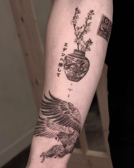 Patchwork Fine Line dragon, eagle, floral, stamp tattoo for men on forearm