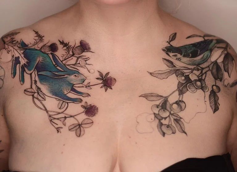 Patchwork Fine Line rabbit, bird, floral tattoo for ladies.