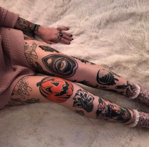 Patchwork Halloween tattoo for women on Thigh and Calf