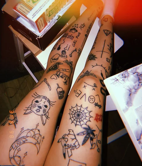 Patchwork Ignorant Cat, Moon, Spider tattoo idea for women on legs