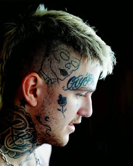 Patchwork Ignorant skull, rose, word tattoo for men on face and neck