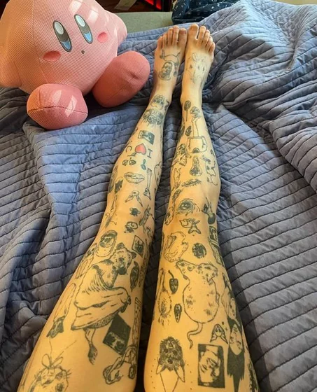 Patchwork Ignorant style leg tattoo idea for women featuring heart, skull, and bear.