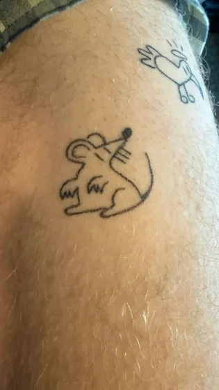Patchwork Ignorant style mouse and bird tattoo design for men on leg