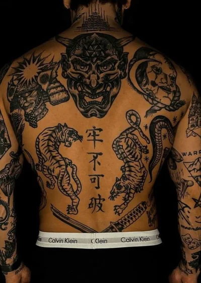 Patchwork Japanese tattoo idea for men: tigers, snake, moon, hannya mask, kanji on back and arms