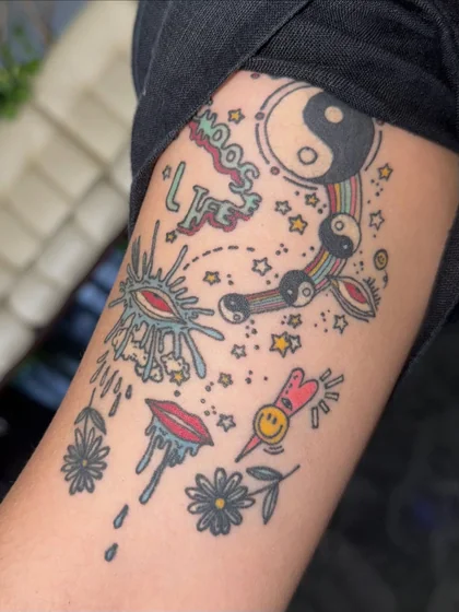 Patchwork New School Yin Yang, Dripping Eye & Lips tattoo idea for women on upper arm