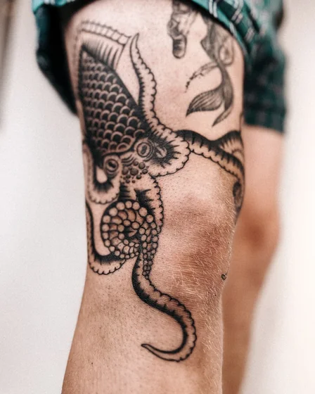 Patchwork Traditional Octopus and Mermaid tattoo for men on knee