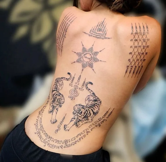 Patchwork Traditional Tiger tattoo design for women on back and rib