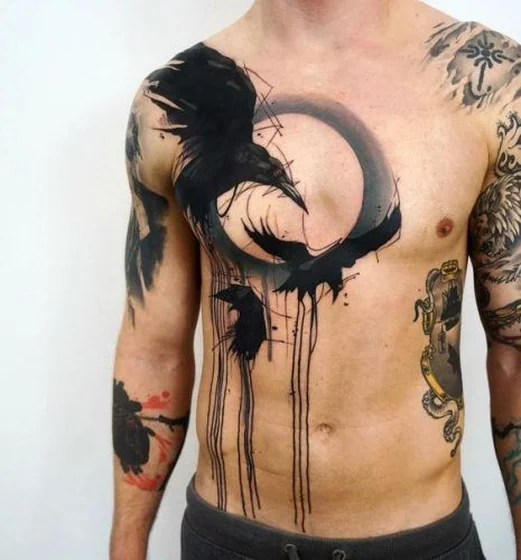 Patchwork and Blackwork raven and moon tattoo design for men on chest and full sleeve