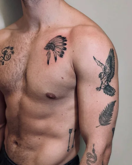 Patchwork blackwork Native American, eagle, arrow tattoo idea for men on chest and arm.