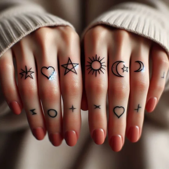 Patchwork fine line Star, Sun, Moon tattoo design for women on fingers