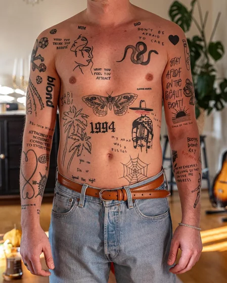 Patchwork fine line butterfly snake palm tree tattoo idea for men on chest and arm
