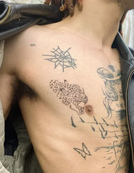 Patchwork fine line butterfly, spiderweb, and leopard head tattoo idea for men on chest