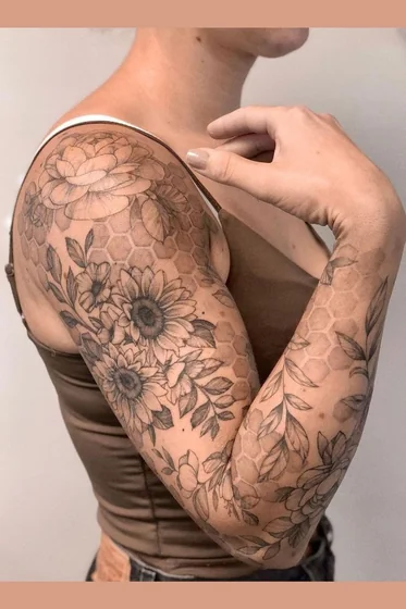 Patchwork fine line floral half sleeve tattoo for women
