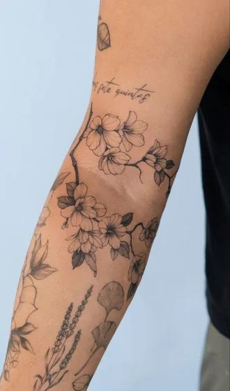Patchwork fine line floral, lavender, ginkgo, script tattoo design for women on arm