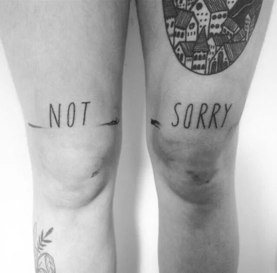 Patchwork fine line quote tattoo for women on knee, thigh