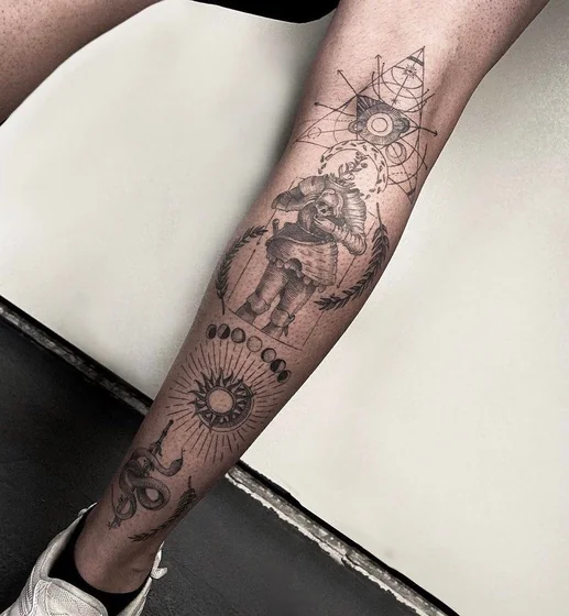 Patchwork fine line skull, sun, snake tattoo design for men on leg.