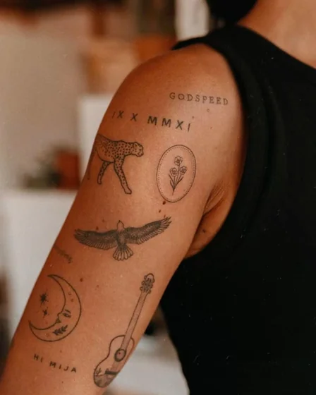 Patchwork fine line tattoo for women: floral, moon, eagle.