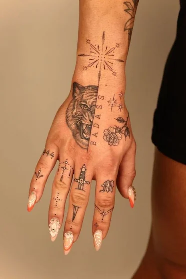 Patchwork fine line tiger, rose, star tattoo for ladies on hand.