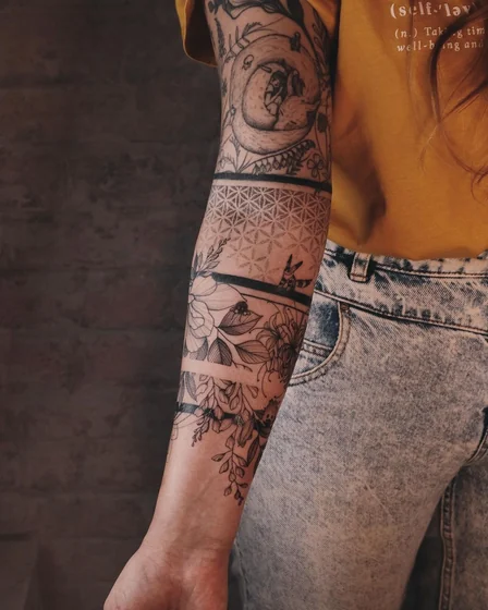Patchwork linework floral fox bee tattoo idea for women on forearm half sleeve