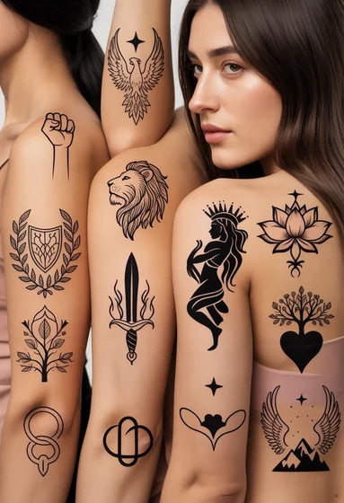 Patchwork linework phoenix, lion, lotus tattoo designs for women on upper arm and forearm