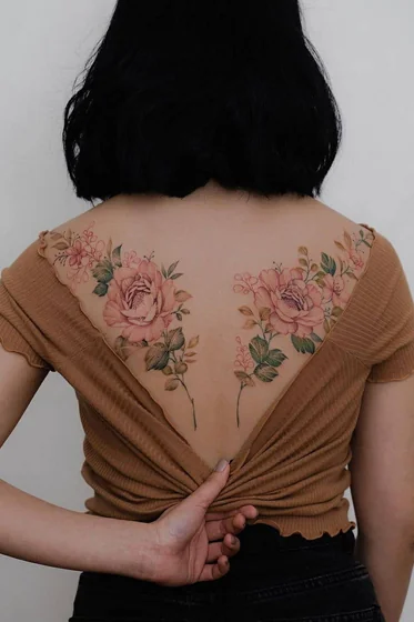 Patchwork realistic rose and floral tattoo design for women on back and shoulder