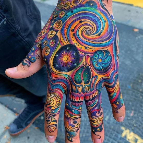 Psychedelic abstract skull linework tattoo design for men on hand